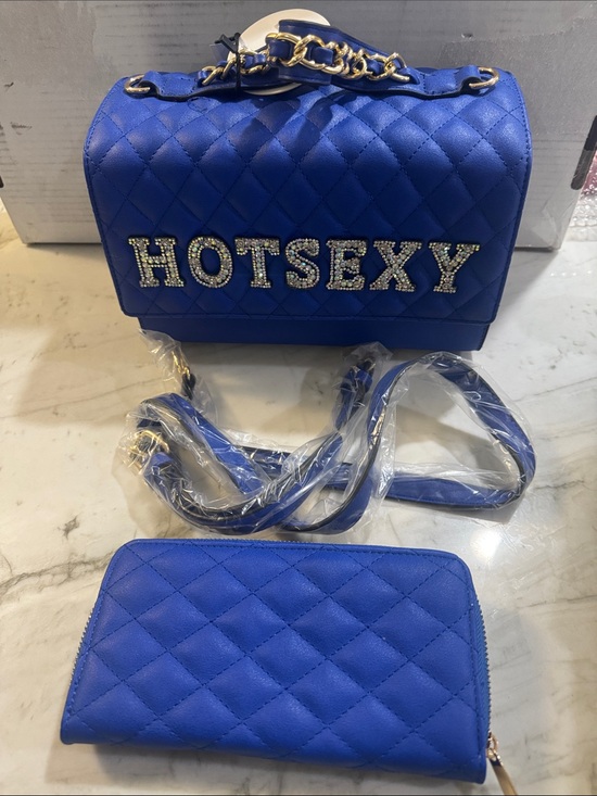 Handbags - Blue Quilted Shoulder Bag with Crystal 'HOTSEXY' Lettering